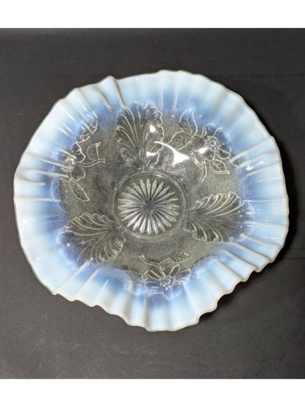 Northwood Opalescent Glass Crimped Bowl Blossom White Ruffled Edge Decorative